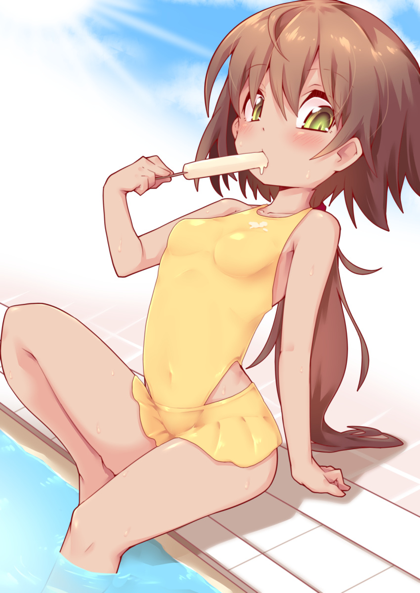 1girl bare_arms bare_legs bare_shoulders breasts brown_hair covered_navel eating food green_eyes highres holding holding_food knee_up long_hair looking_at_viewer low_ponytail one-piece_swimsuit original poolside popsicle reku sitting small_breasts solo swimsuit yellow_swimsuit