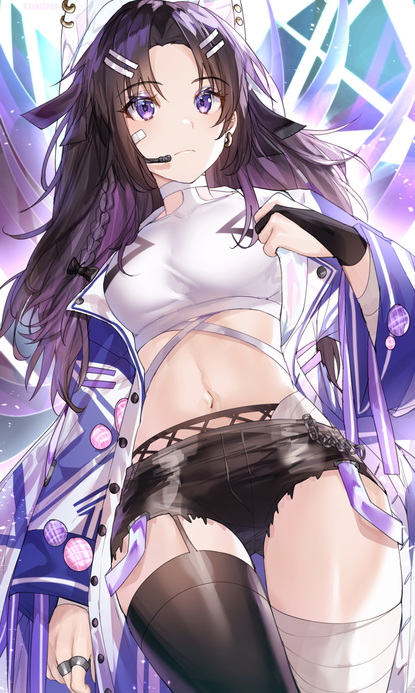 1girl absurdres bandaged_leg bandages bandaid bandaid_on_face bangs black_gloves black_shorts braid breasts brown_hair chain commentary crop_top earrings eyebrows_visible_through_hair frown gloves hair_ornament hairclip highres japanese_clothes jewelry kanniepan kimono large_breasts long_sleeves looking_at_viewer navel original ring short_shorts shorts thigh-highs violet_eyes