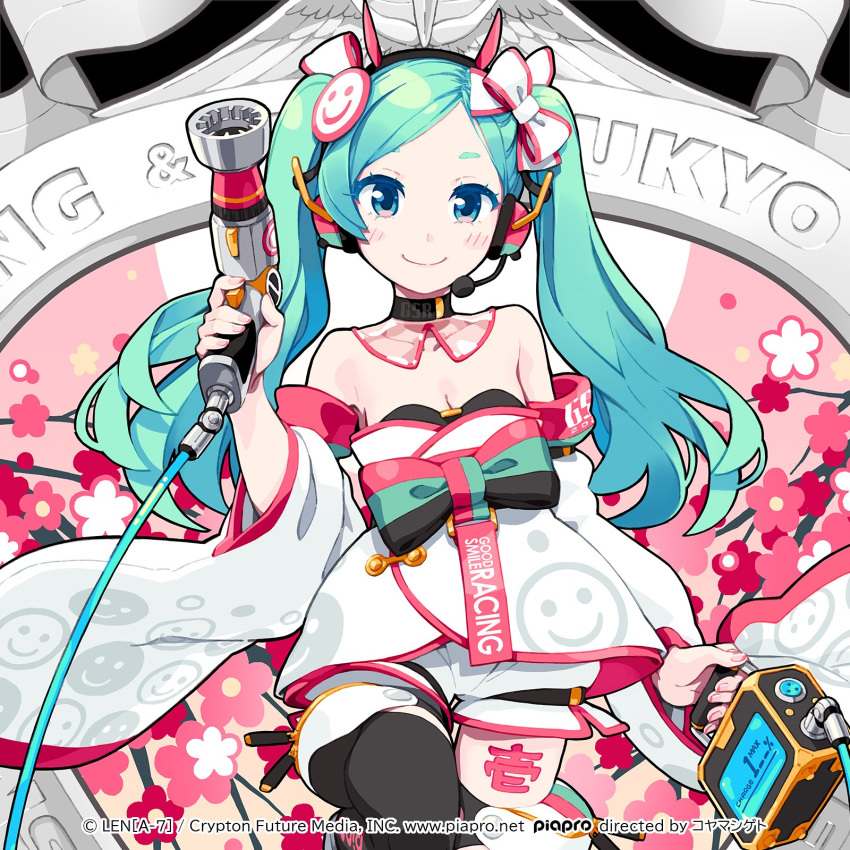 aqua_hair banner black_legwear bow bowtie cherry_blossoms copyright_name cowboy_shot detached_collar detached_sleeves dress goodsmile_racing haregi hatsune_miku headset highres holding impact_wrench japanese_clothes leg_up lena_(zoal) long_hair looking_at_viewer official_art piapro racing_miku racing_miku_(2020) shorts sleeveless sleeveless_dress smile smiley_face strapless strapless_dress thigh-highs thigh_tattoo twintails vocaloid white_dress white_sleeves