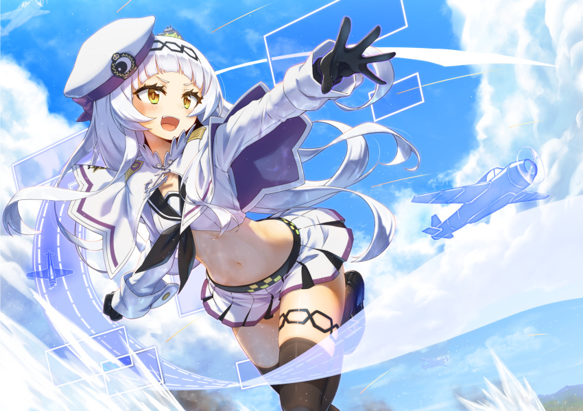 1girl aircraft airplane azur_lane bangs black_footwear black_gloves black_legwear black_neckwear blue_sky blunt_bangs breasts capelet clouds commentary_request crossover gloves hat highres hololive leg_up long_hair long_sleeves mary_janes midriff miniskirt mizunashi_(second_run) murasaki_shion navel neckerchief open_mouth outdoors outstretched_arm pleated_skirt sailor_collar sailor_hat shoes silver_hair skirt sky small_breasts smile solo standing stomach thigh-highs virtual_youtuber white_capelet white_sailor_collar white_skirt yellow_eyes