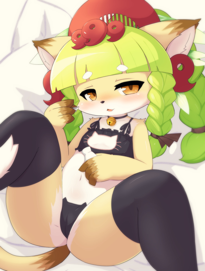 1girl :3 animal_ears animal_nose bell bell_collar black_legwear blush cat cat_ears cat_girl cat_lingerie cat_tail check_commentary collar collarbone commentary_request drunk fang fullbokko_heroes furry green_hair highres kushinada_(fullbokko_heroes) long_hair looking_at_viewer lying meme_attire navel on_back on_bed open_mouth pillow solo tail takeshi-kemo thigh-highs two-tone_fur white_fur yellow_eyes yellow_fur