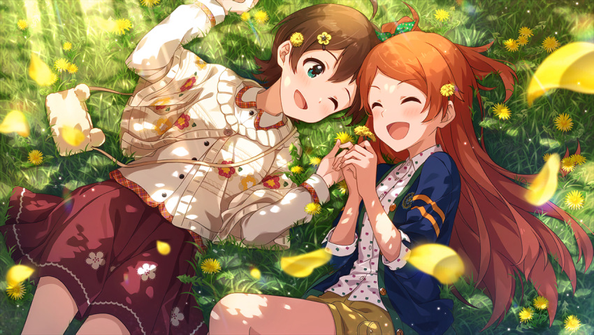 blush brown_hair dress green_eyes idolmaster_million_live!_theater_days kinoshita_hinata oogami_tamaki short_hair smile wink