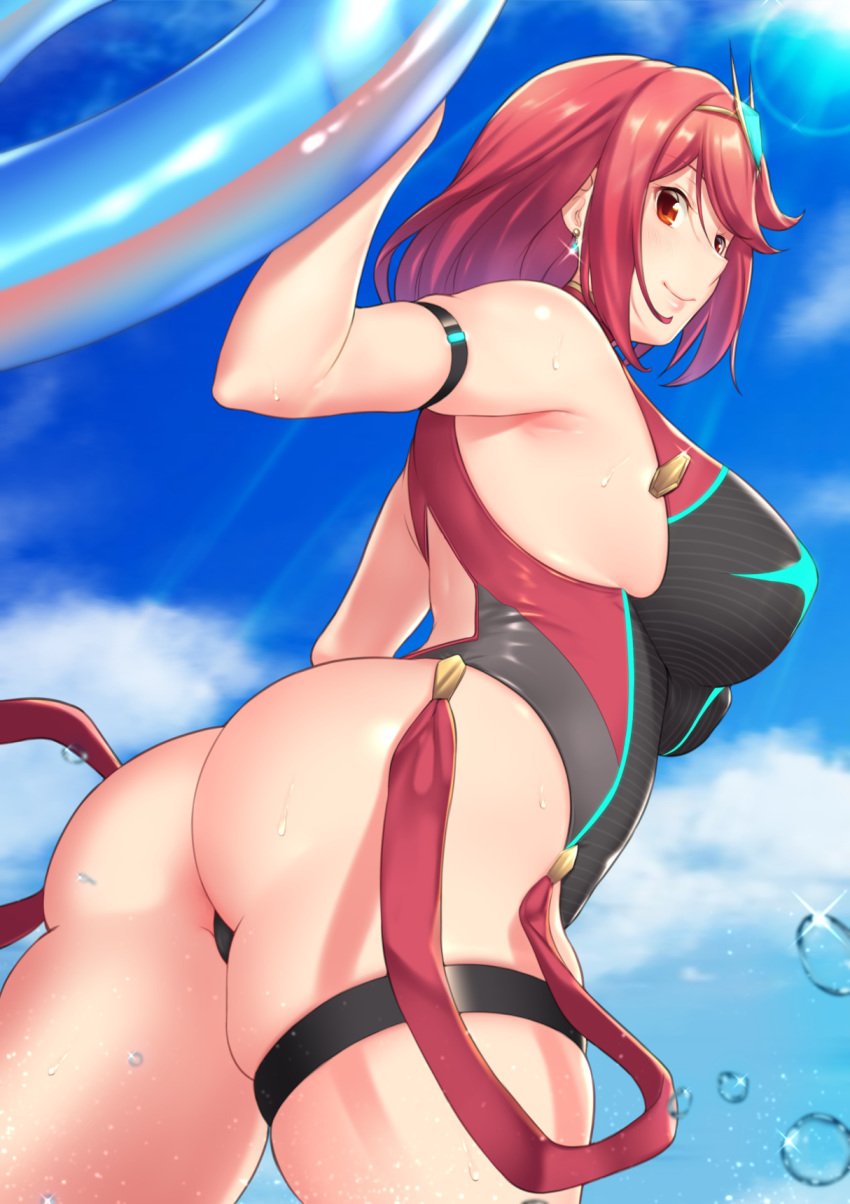 1girl arm_strap ass aster_crowley back bangs bare_shoulders black_swimsuit blue_sky blush breasts closed_mouth earrings highleg highleg_swimsuit highres pyra_(xenoblade) innertube jewelry large_breasts looking_at_viewer one-piece_swimsuit red_eyes red_swimsuit redhead short_hair sky smile swept_bangs swimsuit thigh_strap thighs tiara two-tone_swimsuit water_drop xenoblade_(series) xenoblade_2