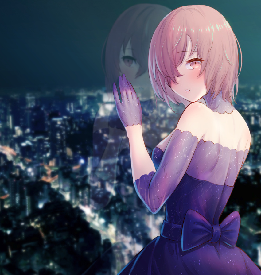 1girl back bare_shoulders blush breasts cityscape dress fate/grand_order fate_(series) gloves hair_over_one_eye highres large_breasts lavender_hair looking_at_viewer looking_back mash_kyrielight night night_sky parted_lips purple_dress purple_gloves reflection short_hair sky violet_eyes window yumesaki_takeshi