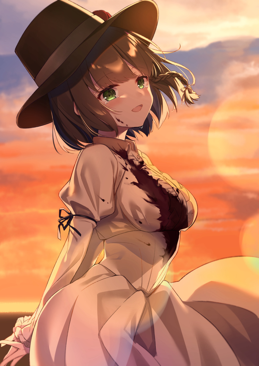 1girl arms_behind_back bangs blood bloody_clothes braid brown_hair charlotte_corday_(fate/grand_order) clouds dress eyebrows_visible_through_hair fate/grand_order fate_(series) green_eyes hat highres kisaragi_yuri long_sleeves looking_at_viewer open_mouth outdoors puffy_long_sleeves puffy_sleeves short_hair single_braid smile solo sun sunset tears white_dress