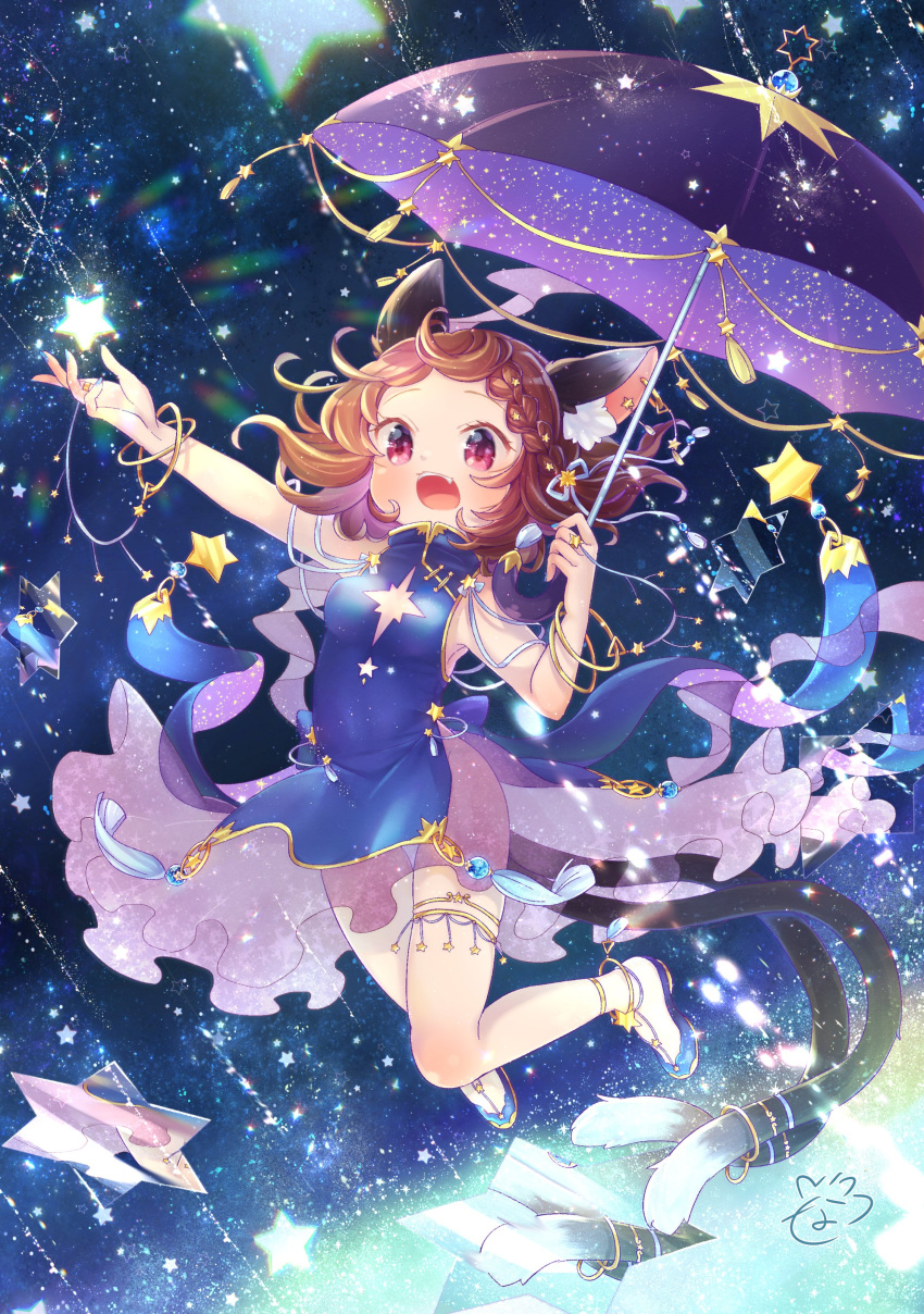 1girl absurdres animal_ears anklet blue_dress bracelet braid brown_hair cat_ears cat_girl cat_tail clothing_request commentary_request copyright_request dress earrings falling_star fang fangs gold_trim highres ibaraki_natou jewelry open_mouth red_eyes shoes solo star tagme tail tassel thigh-highs umbrella