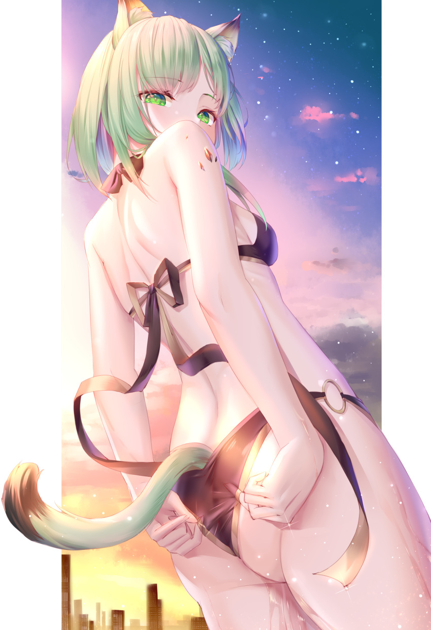 1girl absurdres amaroku_neko animal_ear_fluff animal_ears arknights ass bangs bare_arms bare_shoulders bikini black_bikini breasts chinese_commentary commentary_request cowboy_shot eyebrows_visible_through_hair from_behind green_eyes green_hair highres kal'tsit_(arknights) looking_at_viewer looking_back o-ring o-ring_bikini ore_lesion_(arknights) short_hair small_breasts solo standing swimsuit tail thighs