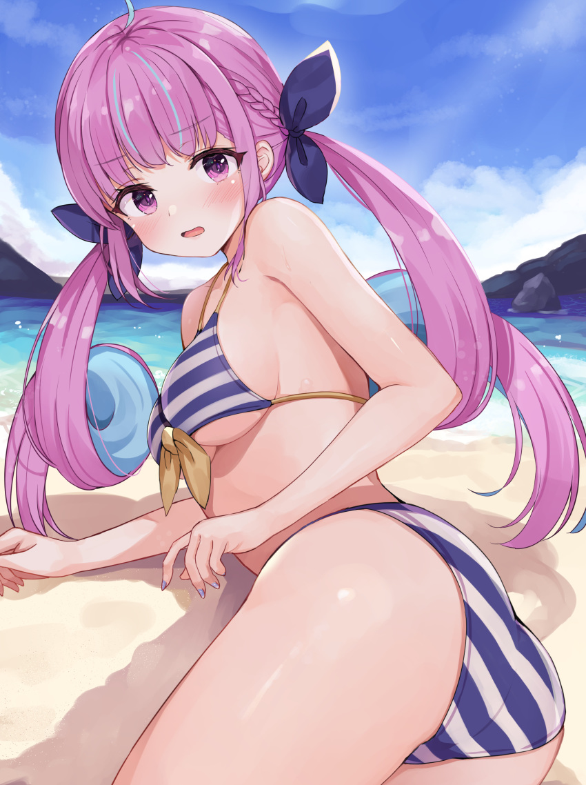 1girl absurdres ahoge ass bare_arms bare_shoulders beach bikini blue_hair blue_nails blue_ribbon blue_sky blush braid breasts clouds cloudy_sky commentary_request day front-tie_bikini front-tie_top hair_ribbon highres hololive long_hair looking_at_viewer lying medium_breasts minato_aqua multicolored_hair nail_polish on_side open_mouth outdoors purple_hair racchi. ribbon sand sky solo striped striped_bikini swimsuit twintails two-tone_hair very_long_hair violet_eyes virtual_youtuber water