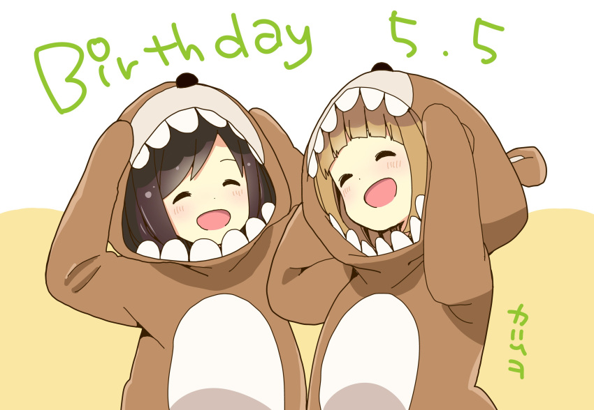 2girls :d absurdres animal_costume arms_up bear_costume birthday blush brown_hair closed_eyes commentary_request dated english_text facing_viewer highres hitori_bocchi hitoribocchi_no_marumaru_seikatsu katsuwo_(cr66g) light_brown_hair multiple_girls open_mouth signature smile two-tone_background upper_body yawara_kai