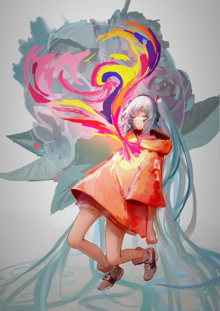 1girl absurdres arms_at_sides bare_legs blue_hair boots brown_footwear chinese_commentary closed_eyes closed_mouth clothes_writing coat colorful commentary_request curly_hair dot_nose expressionless eyelashes flower full_body glowing glowing_heart grey_background grey_flower grey_rose hair_between_eyes hatsune_miku heart highres hood hood_down hooded_coat leaf leaning leaning_back long_hair messy_hair number orange_coat piu_(pengtaipxv2014) rose sidelocks simple_background solo squatting standing standing_on_one_leg surreal twintails unknown_mother_goose_(vocaloid) very_long_hair vocaloid wowaka