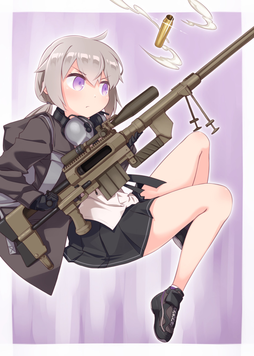 1girl bangs bipod black_footwear black_gloves black_jacket black_skirt blush bolt_action cheytac_m200 closed_mouth commentary_request dress_shirt ear_protection eyebrows_visible_through_hair girls_frontline gloves grey_hair gun hair_between_eyes haradaiko_(arata_himeko) highres holding holding_gun holding_weapon hood hood_down hooded_jacket jacket long_hair long_sleeves looking_away low_twintails m200_(girls_frontline) object_namesake open_clothes open_jacket pleated_skirt rifle shell_casing shirt shoes skirt sniper_rifle sniper_scope socks solo twintails v-shaped_eyebrows violet_eyes weapon white_shirt
