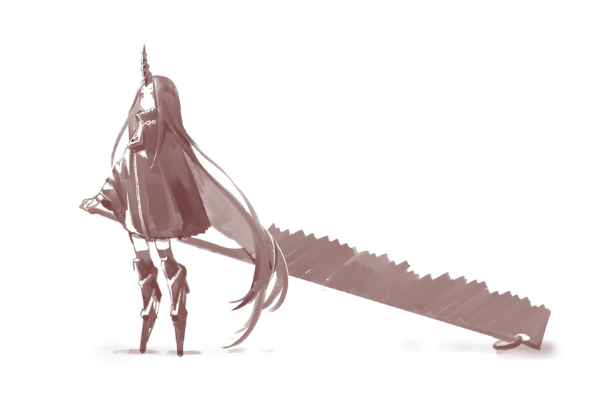 1girl chain cloak closed_mouth fangs highres holding holding_sword holding_weapon horn huge_weapon long_hair monochrome original oversized_zipper sharp_teeth shisantian simple_background solo standing sword teeth very_long_hair weapon white_background zipper zipper_pull_tab