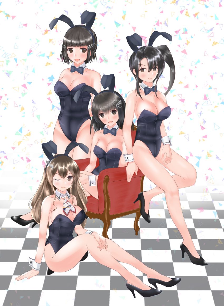 4girls absurdly_long_hair animal_ears ashigara_(kantai_collection) black_footwear black_hair blue_leotard braid braided_bun breasts brown_eyes brown_hair bunny_girl bunnysuit chair detached_collar fake_animal_ears haguro_(kantai_collection) hair_bun hair_ornament high_heels highres horned_headwear kantai_collection large_breasts leotard long_hair multiple_girls myoukou_(kantai_collection) nachi_(kantai_collection) osashimisan rabbit_ears short_hair side_ponytail sitting standing strapless strapless_leotard very_long_hair wavy_hair wrist_cuffs