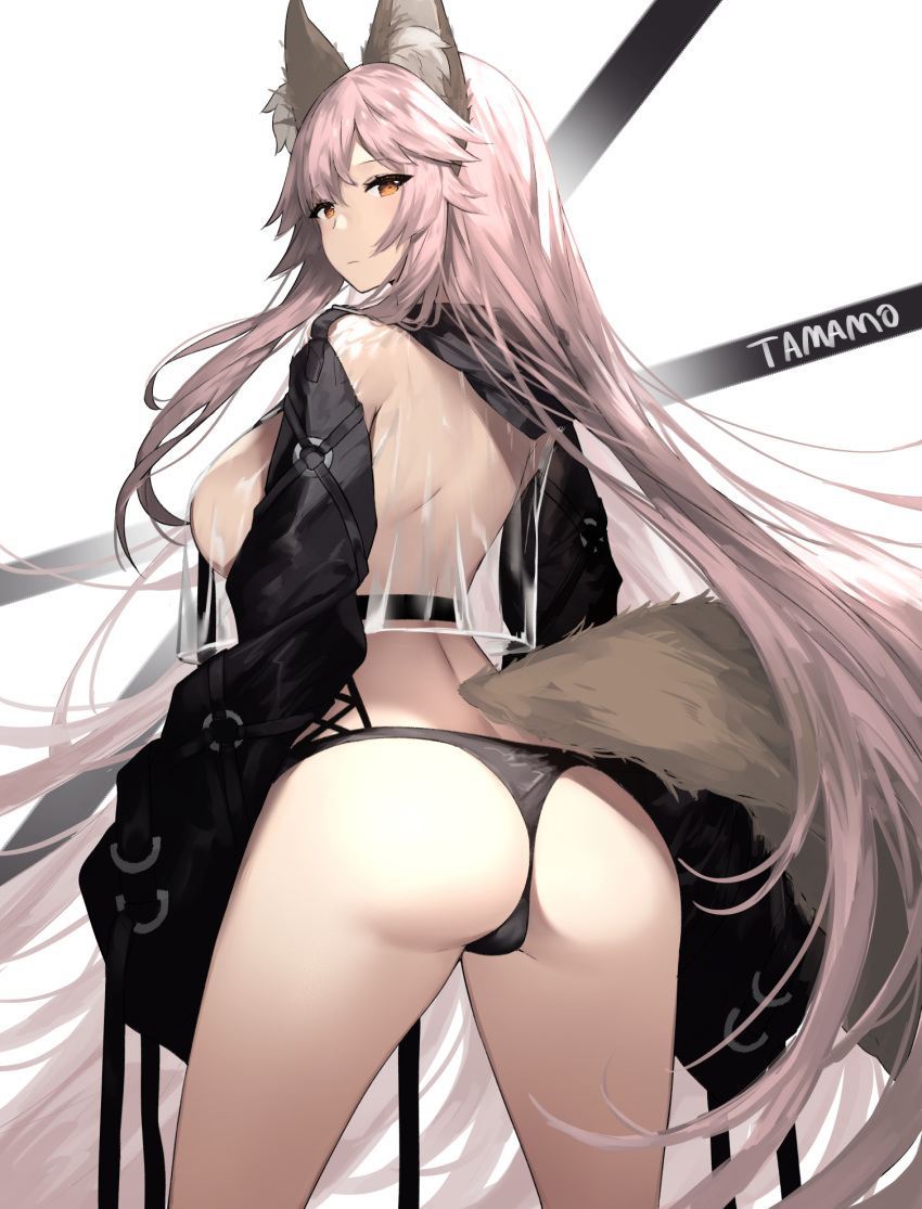 1girl alternate_costume animal_ears ass breasts character_name fate/extra fate/grand_order fate_(series) fox_ears fox_girl fox_tail highres long_hair long_sleeves looking_at_viewer looking_back pink_hair see-through sideboob solo tail tamamo_(fate)_(all) tamamo_no_mae_(fate) touwa_nikuman very_long_hair white_background yellow_eyes