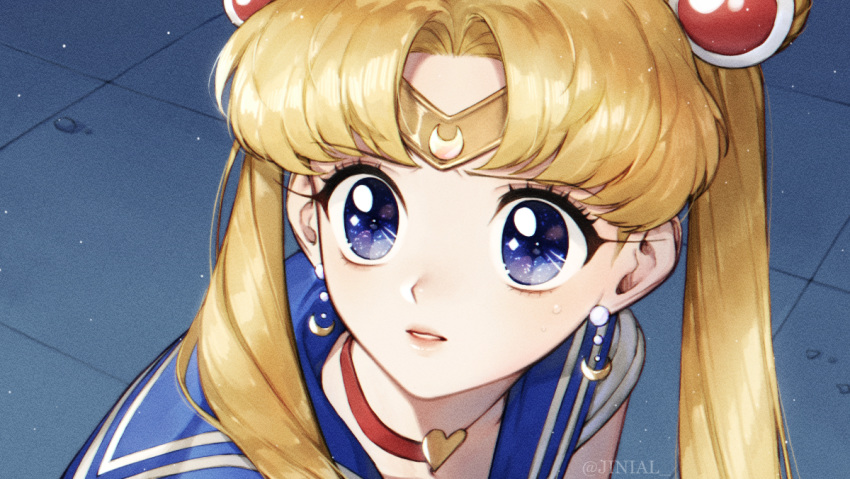 1girl bishoujo_senshi_sailor_moon blonde_hair blue_eyes choker crescent crescent_earrings derivative_work diadem double_bun earrings eyebrows_visible_through_hair heart heart_choker jewelry jinial long_hair parted_lips red_choker sailor_moon sailor_moon_redraw_challenge sailor_senshi sailor_senshi_uniform screencap_redraw solo sweatdrop tsukino_usagi twintails twitter_username upper_body