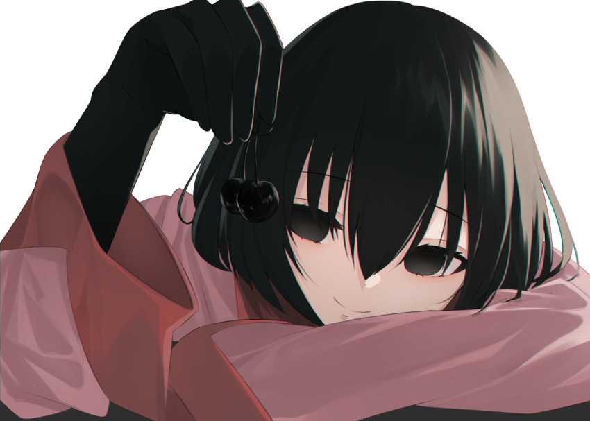 1girl alternate_color black_eyes black_gloves black_hair bob_cut cherry chin_rest elbow_gloves food fruit gloves head_on_arm holding holding_food looking_at_object monogatari_(series) oshino_ougi oversized_clothes pink_shirt portrait shirt short_hair simple_background sleeves_past_fingers sleeves_past_wrists smile solo white_background yamada_maya_(user_xmvn3833)