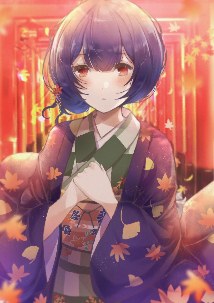 absurdres bangs commentary_request eyebrows_visible_through_hair hair_ornament hands_clasped highres huge_filesize idolmaster idolmaster_shiny_colors japanese_clothes kimono leaf leaf_hair_ornament maple_leaf morino_rinze namamake obi own_hands_together parted_lips print_kimono purple_hair red_eyes sash short_hair torii upper_teeth yukata