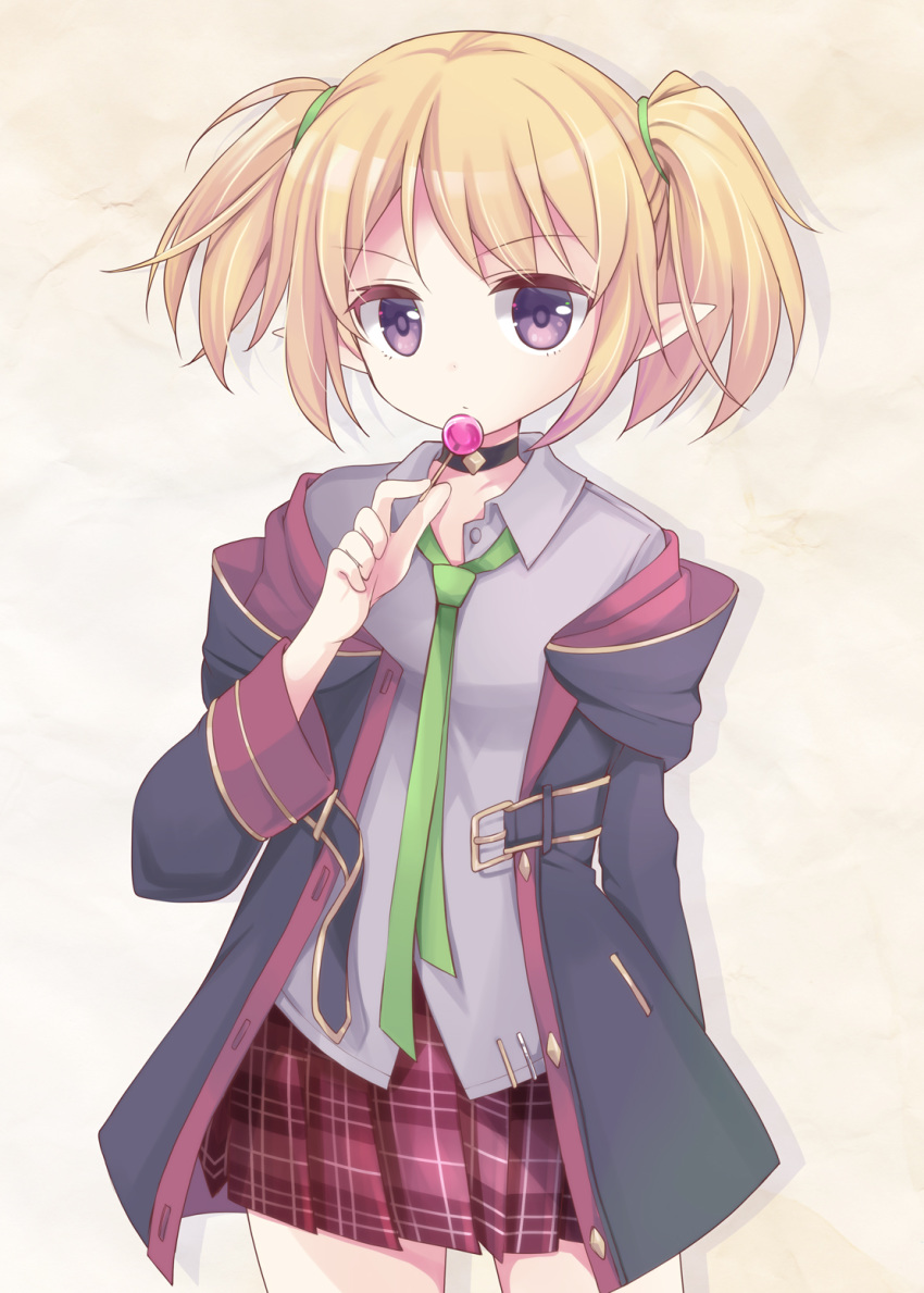 1girl bangs blonde_hair blush candy chibitan chloe_(princess_connect!) choker eyebrows_visible_through_hair food green_neckwear grey_background grey_shirt highres jacket lollipop looking_at_viewer necktie open_clothes open_jacket open_mouth pleated_skirt pointy_ears princess_connect! princess_connect!_re:dive shirt short_hair short_twintails skirt solo twintails violet_eyes
