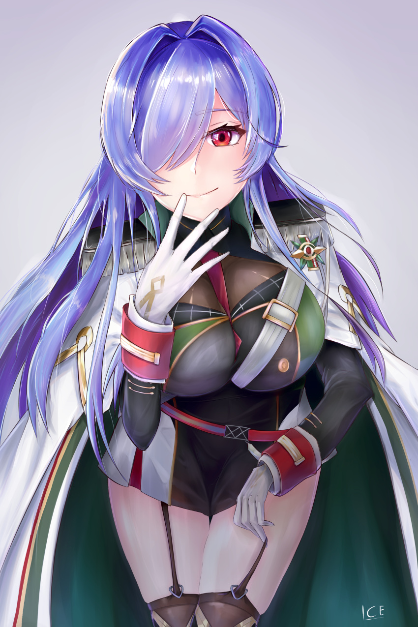1girl absurdres artist_request azur_lane breasts cleavage_cutout coat epaulettes gloves green_coat hair_over_one_eye highres i.c.e large_breasts looking_at_viewer medal multicolored_coat purple_hair red_eyes see-through simple_background solo trento_(azur_lane) white_coat white_gloves