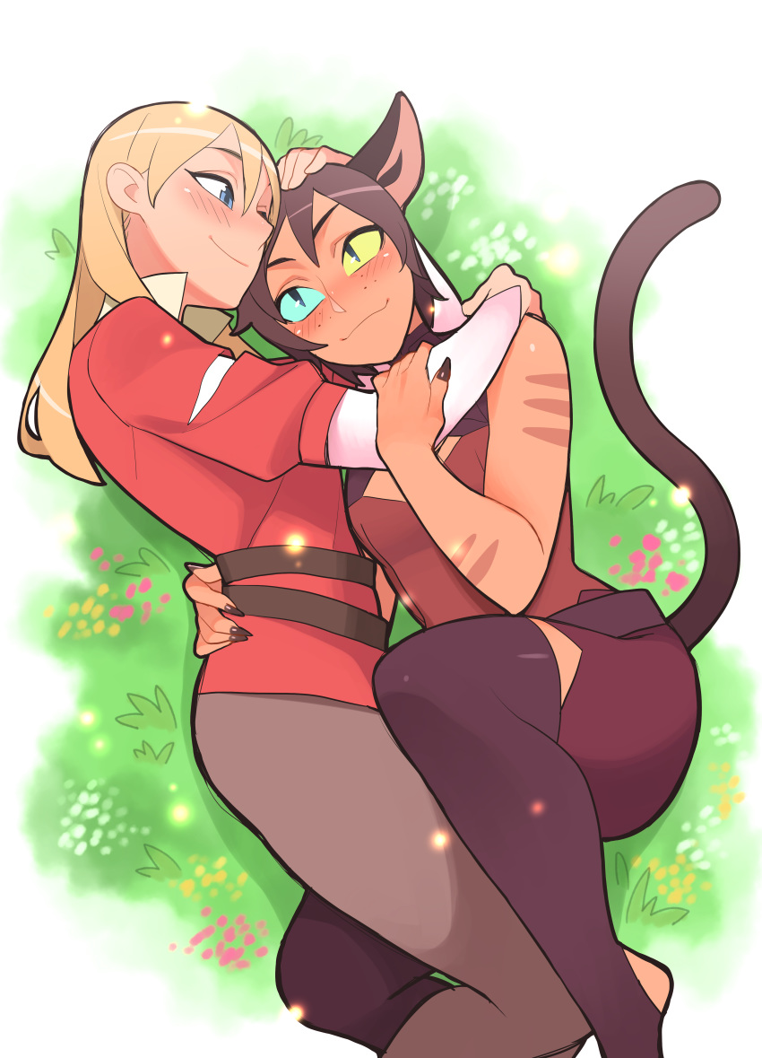 2girls absurdres adora_(she-ra) animal_ears blonde_hair blue_eyes blush brown_hair cat_ears cat_tail catra fingernails freckles good_end hand_on_another's_head heterochromia hidarikiki highres hug long_hair lying masters_of_the_universe multiple_girls sharp_fingernails she-ra_and_the_princesses_of_power short_hair smile spoilers tail yuri