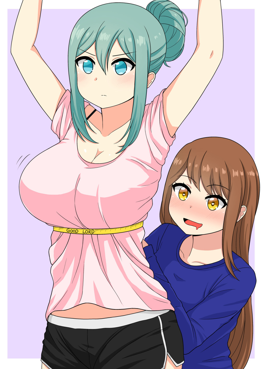 2girls absurdres angry blue_shirt breasts brown_hair drooling eyebrows_visible_through_hair green_eyes green_hair hair_bun heart heart-shaped_pupils highres large_breasts measuring multiple_girls no_pupils open_mouth original pink_shirt shirt shorts sidelocks simple_background symbol-shaped_pupils tape_measure the_only_shoe yellow_eyes yuri