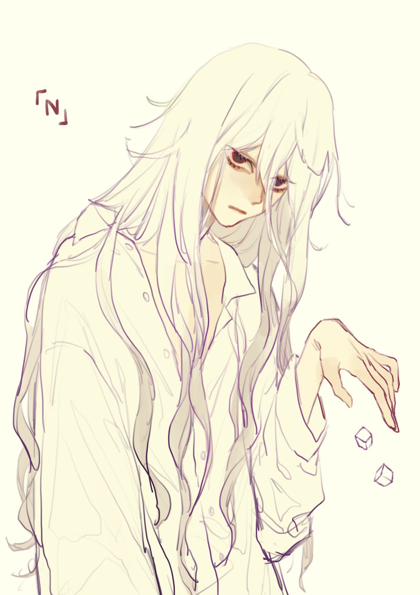 1boy baggy_clothes black_eyes character_name death_note food grey_hair highres long_hair looking_at_viewer lyzeki male_focus near open_clothes open_shirt oversized_clothes shirt silver_hair solo sugar_cube timeskip very_long_hair white_hair white_shirt