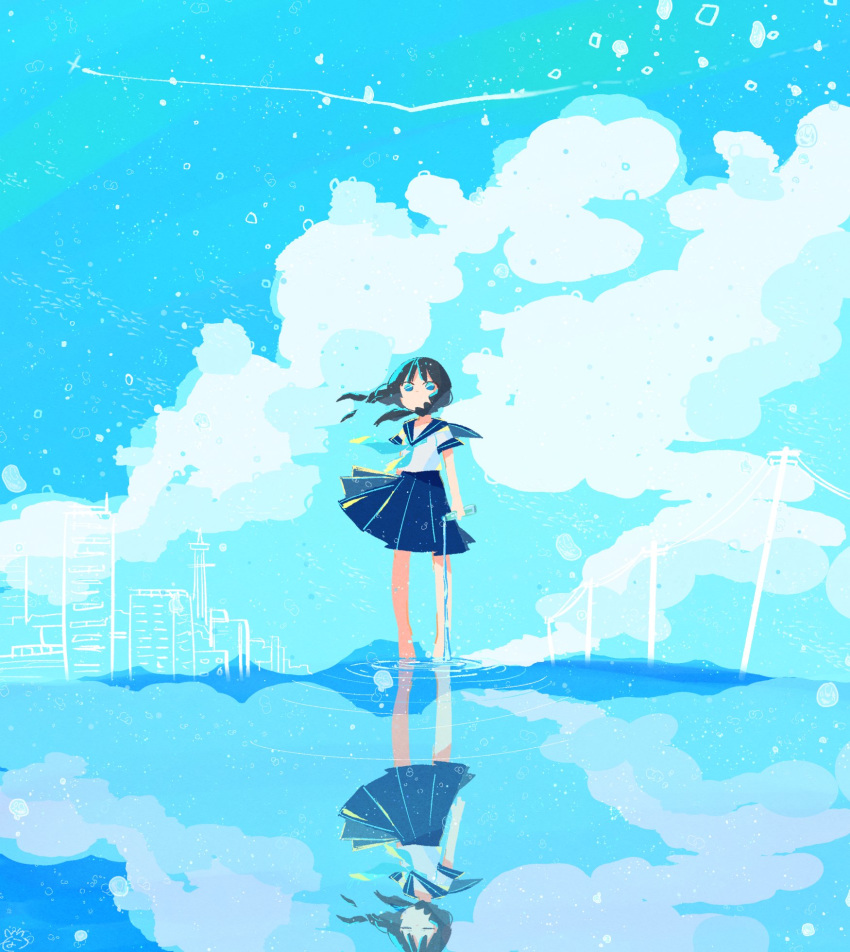 1girl abstract black_hair blue_eyes bottle building clouds cloudy_sky commentary_request copyright_request feet_out_of_frame highres ibaraki_natou outdoors power_lines reflection ripples school_uniform sky solo twintails uniform water_bottle wind