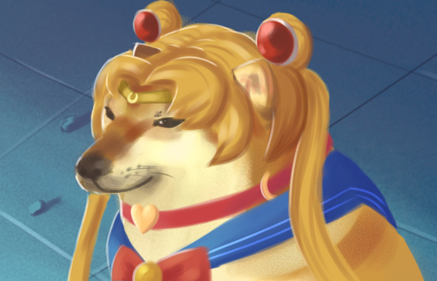 absurdres bishoujo_senshi_sailor_moon blonde_hair cheemsburger_(doge) crescent diadem dog doge double_bun highres meme miruyuyo sailor_moon_redraw_challenge sailor_senshi_uniform twintails