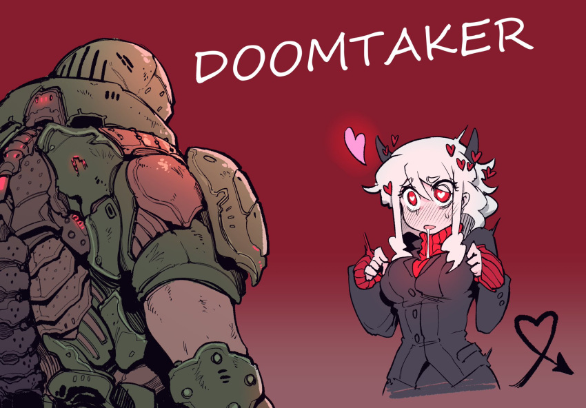 1boy 1girl black_skirt black_suit business_suit demon_girl demon_horns demon_tail doom_(2016) doom_(game) doom_eternal doomguy formal from_behind gauntlets heart heart-shaped_pupils heart_tail helltaker helmet highres horns karasu_raven long_sleeves manly modeus_(helltaker) muscle power_armor praetor_suit red_background red_eyes red_sweater short_sleeves silver_hair simple_background skirt sleeves_past_wrists space_marine suit sweater symbol-shaped_pupils tail turtleneck undershirt upper_body veins