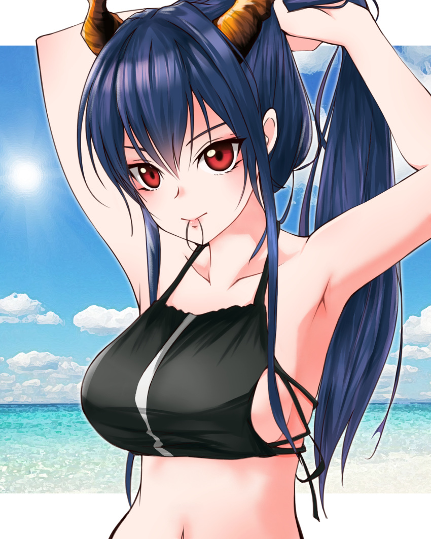 1girl arknights armpits arms_up bangs bare_arms bare_shoulders bikini black_bikini blue_hair blue_sky breasts ch'en_(arknights) chain's clouds collarbone commentary day dragon_horns hair_between_eyes hair_tie_in_mouth highres horns large_breasts long_hair looking_at_viewer mouth_hold navel ocean outdoors ponytail red_eyes sky smile solo stomach sun swimsuit tying_hair upper_body water