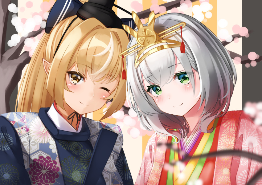 2girls absurdres alternate_costume bangs blonde_hair cherry_blossoms closed_mouth commentary_request elf eyebrows_visible_through_hair green_eyes hat headpiece heian highres hololive japanese_clothes kimono layered_clothing layered_kimono long_hair long_ponytail looking_at_viewer multiple_girls nyan_(reinyan_007) one_eye_closed pointy_ears ponytail shiranui_flare shirogane_noel short_hair sidelocks silver_hair smile tate_eboshi tiara upper_body virtual_youtuber yellow_eyes