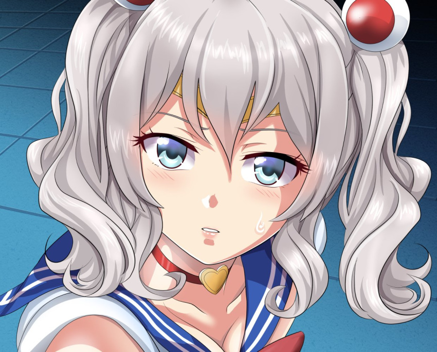 1girl bishoujo_senshi_sailor_moon blue_eyes blue_sailor_collar choker circlet commentary_request cosplay crescent crescent_earrings derivative_work earrings hair_ornament heart heart_choker jewelry kantai_collection kashima_(kantai_collection) looking_at_viewer parody parted_lips red_choker sailor_collar sailor_moon sailor_moon_(cosplay) sailor_moon_redraw_challenge sailor_senshi_uniform screencap_redraw sidelocks silver_hair solo tk8d32 tsurime twintails upper_body wavy_hair