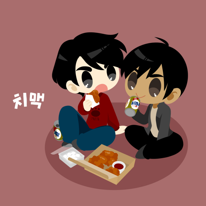 2boys :&gt; :o beer_can black_hair black_pants blue_pants can dark_skin dark_skinned_male eating food food_request grey_eyes highres indian_style kaorin_minogue korean_text lee_seung-gil male_focus multiple_boys pants phichit_chulanont red_background sitting yuri!!!_on_ice