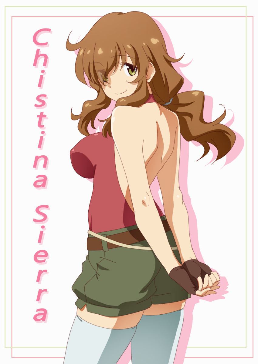 1girl backless_outfit bare_back bare_shoulders belt breasts brown_hair christina_sierra fingerless_gloves gloves green_eyes gundam gundam_00 highres large_breasts long_hair low-tied_long_hair shorts solo sumisumi_(sumisumi) thigh-highs