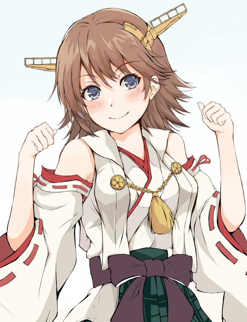 1girl absurdres bare_shoulders blue_eyes blush brown_hair clenched_hands dairyo3 detached_sleeves flipped_hair green_skirt headgear hiei_(kantai_collection) highres kantai_collection nontraditional_miko remodel_(kantai_collection) short_hair simple_background skirt smile solo white_background