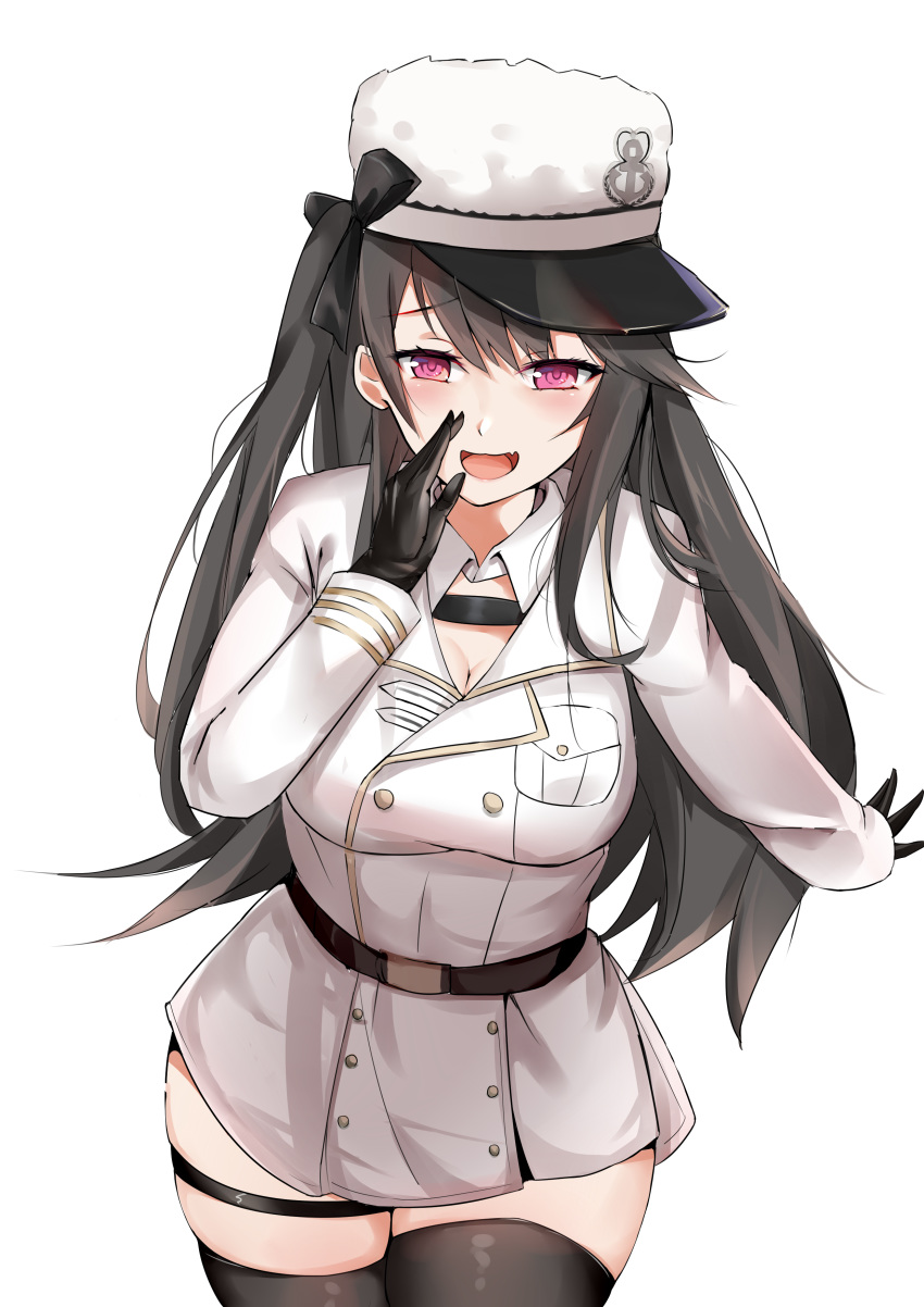 1girl absurdres arm_up azur_lane belt black_belt black_gloves black_hair black_legwear blush breasts eyebrows_visible_through_hair fang gloves hat highres jacket large_breasts long_hair long_sleeves looking_at_viewer open_mouth pamiat_merkuria_(azur_lane) russian_clothes simple_background smile solo thigh-highs thighs violet_eyes white_background white_headwear white_jacket zhzhrs