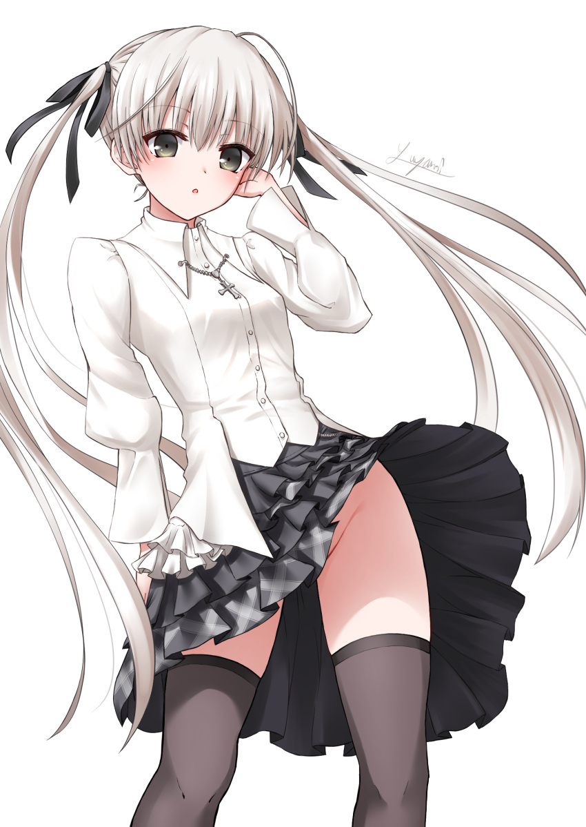 1girl black_legwear black_ribbon black_skirt blouse blush bottomless commentary_request cross cross_necklace grey_eyes groin hair_between_eyes hair_ribbon hand_on_own_face hand_up highres jewelry kasugano_sora layered_skirt leaning_back leaning_to_the_side long_hair miniskirt necklace no_panties open_mouth plaid plaid_skirt pleated_skirt ribbon silver_hair simple_background skirt solo thigh-highs twintails upskirt very_long_hair white_background white_blouse wind wind_lift yosuga_no_sora yuyamino_sora