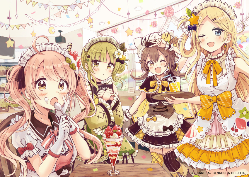 4girls :o ;d absurdres apron arm_up bangs bare_shoulders bendy_straw black_bow black_capelet black_dress blonde_hair blue_eyes blush bow brown_eyes brown_hair capelet closed_mouth commentary_request cup detached_sleeves dress drink drinking_glass drinking_straw earrings eyebrows_visible_through_hair flower food food_on_face frilled_apron frills gloves green_dress green_eyes green_hair green_sleeves hair_between_eyes hair_bow hair_ornament hairclip highres holding holding_spoon holding_tray indoors jewelry layered_skirt light_brown_hair long_hair long_sleeves maid_headdress menu multiple_girls object_hug official_art one_eye_closed open_mouth orange_bow original parfait parted_bangs pink_flower pink_rose puffy_short_sleeves puffy_sleeves rose sakura_oriko short_sleeves sitting skirt sleeveless sleeveless_dress smile spoon standing star star_hair_ornament tray twintails very_long_hair waitress watermark white_apron white_dress white_gloves wide_sleeves wrist_cuffs