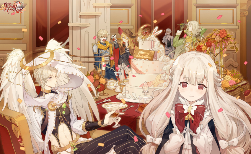 1girl 5boys absurdres angel_wings arrow_(projectile) blonde_hair bouquet bow bullying cake candy_cane_(food_fantasy) cape croissant_(food_fantasy) cup feathered_wings fish_and_chips_(food_fantasy) flower food food_fantasy formal glasses gloves halo hat high_collar highres long_hair martini_(food_fantasy) military military_uniform muenchner_weisswurst_(food_fantasy) multiple_boys orange_hair pointy_ears poncho red_eyes silver_hair suit table teacup tequila_(food_fantasy) uniform white_hair white_suit white_wings wings