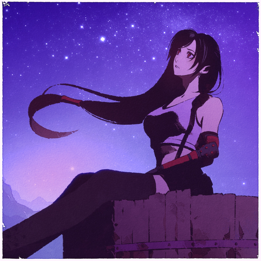 1girl bangs black_hair black_legwear border breasts earrings elbow_gloves elbow_pads english_commentary eyelashes feet final_fantasy final_fantasy_vii final_fantasy_vii_remake gloves hair_blowing jewelry long_hair looking_up low-tied_long_hair medium_breasts moshimoshibe night night_sky parted_lips pencil_skirt red_eyes sidelocks sitting skirt sky solo star_(sky) starry_sky suspender_skirt suspenders swept_bangs tank_top thigh-highs tifa_lockhart very_long_hair white_border white_tank_top