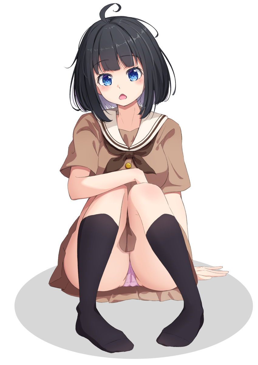 1girl absurdres ahoge ass bangs black_hair black_legwear blue_eyes blunt_bangs brown_neckwear brown_shirt brown_skirt commentary_request highres looking_at_viewer open_mouth original panties pantyshot pink_panties pleated_skirt sailor_collar school_uniform shirt sidelocks simple_background sitting skirt solo starkamisan thighs underwear uniform white_background