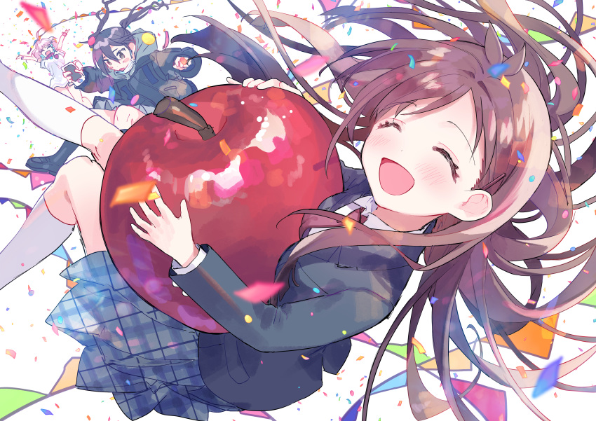 3girls absurdres antenna_hair apple bangs black_hair black_jacket blazer blue_hair blue_skirt blush brown_eyes brown_hair closed_eyes commentary_request confetti food fruit highres holding holding_food holding_fruit huge_filesize idolmaster idolmaster_cinderella_girls jacket long_hair long_sleeves mask miniskirt mole mole_under_eye mouth_mask multicolored_hair multiple_girls open_mouth pink_hair pleated_skirt sharp_teeth shirt short_hair simple_background skirt smile streamers sunazuka_akira surgical_mask t-shirt teeth tsujino_akari twintails two-tone_hair white_background white_shirt yumemi_riamu zuho_(vega)