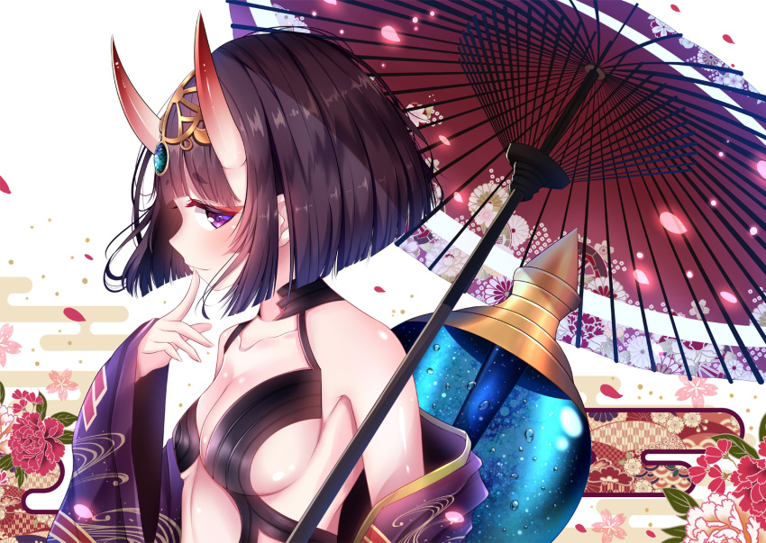 1girl bangs bare_shoulders bob_cut breasts closed_mouth collarbone egasumi eyeliner fate/grand_order fate_(series) flower gourd headpiece highres horns japanese_clothes kimono lokyin_house long_sleeves looking_at_viewer makeup off_shoulder oni oni_horns open_clothes open_kimono oriental_umbrella petals purple_hair purple_kimono revealing_clothes short_hair shuten_douji_(fate/grand_order) skin-covered_horns small_breasts smile umbrella violet_eyes white_background wide_sleeves