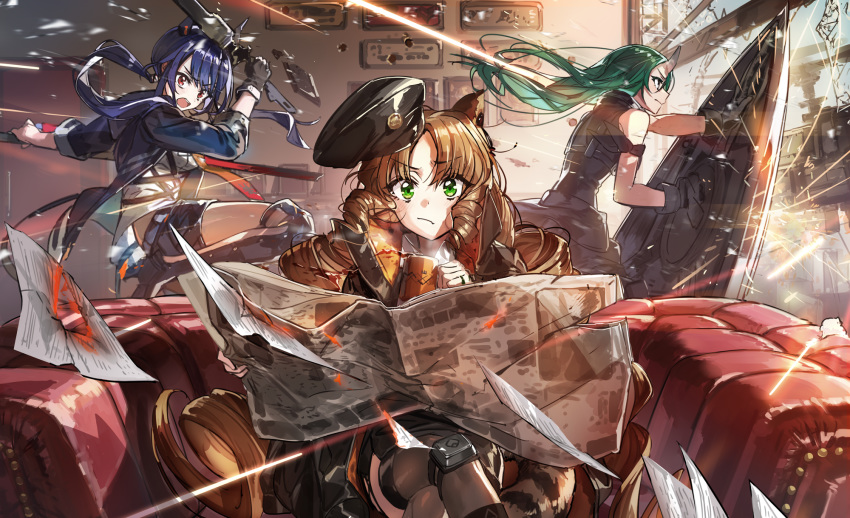 3girls animal_ears arknights arm_scarf black_gloves black_headwear black_jacket black_legwear black_shorts blonde_hair blue_hair ch'en_(arknights) clothes_around_waist commentary couch crossed_legs cup dragon_horns drill_hair drill_locks gloves green_eyes green_hair hannya_(arknights) hat highres holding holding_cup holding_shield holding_sword holding_weapon horn horns hoshiguma_(arknights) jacket jacket_around_waist knee_pads long_hair mug multiple_girls necktie newspaper oni_horn open_mouth red_eyes shield shorts sitting swire_(arknights) sword tail thigh-highs tiger_ears tiger_girl tiger_tail wattaro weapon yellow_neckwear