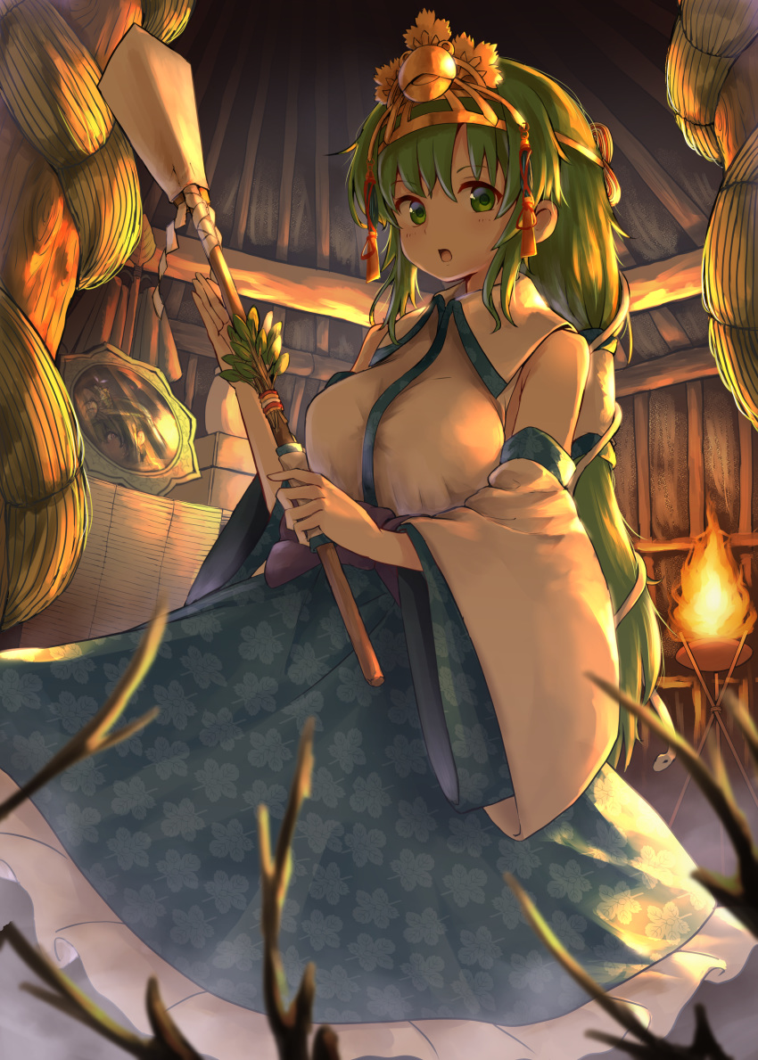1girl :o absurdres alternate_hairstyle blue_skirt breasts commentary_request detached_sleeves fire gohei green_eyes green_hair hair_ornament hair_tubes highres holding indoors kochiya_sanae kushidama_minaka large_breasts long_hair looking_at_viewer low_ponytail mirror sash shirt skirt solo tiara touhou white_shirt wide_sleeves