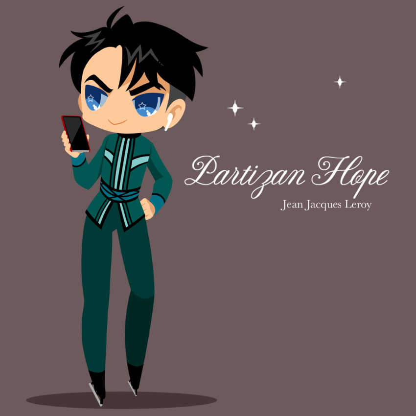 1boy :&gt; air_pods black_hair blue_eyes brown_background cellphone character_name earphones english_text green_pants hand_on_hip highres ice_skates jean-jacques_leroy kaorin_minogue male_focus pants phone skates smartphone sparkle star star-shaped_pupils symbol-shaped_pupils yuri!!!_on_ice