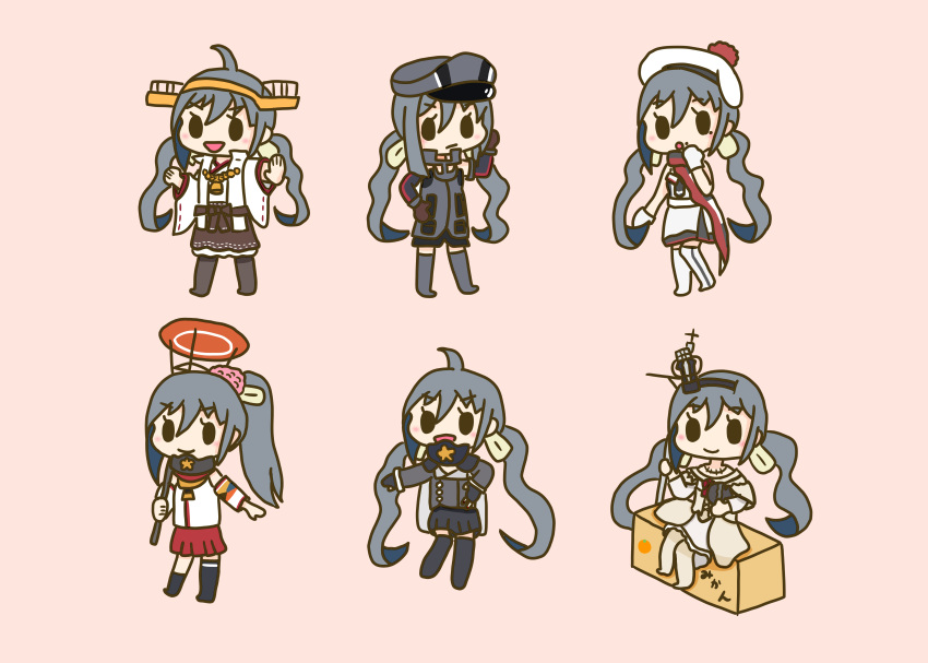 1girl :d absurdres ahoge beret bismarck_(kantai_collection) bismarck_(kantai_collection)_(cosplay) black_gloves black_legwear box brown_gloves brown_hair brown_skirt cardboard_box cherry_blossoms chibi cosplay crown detached_sleeves dress eyebrows_visible_through_hair fingerless_gloves flower gloves grey_footwear grey_hair hair_between_eyes hat headgear highres holding holding_umbrella kantai_collection kiyoshimo_(kantai_collection) kongou_(kantai_collection) kongou_(kantai_collection)_(cosplay) long_hair long_sleeves looking_at_viewer low_twintails mini_crown mole mole_under_eye mole_under_mouth multiple_views musashi_(kantai_collection) musashi_(kantai_collection)_(cosplay) nontraditional_miko off-shoulder_dress off_shoulder open_mouth oriental_umbrella peaked_cap pink_background pom_pom_(clothes) ponytail red_flower red_rose red_skirt ribbon-trimmed_sleeves ribbon_trim richelieu_(kantai_collection) richelieu_(kantai_collection)_(cosplay) rose scarf simple_background single_thighhigh sitting skirt smile supertron6251 thigh-highs twintails umbrella very_long_hair warspite_(kantai_collection) warspite_(kantai_collection)_(cosplay) white_dress white_gloves wide_sleeves yamato_(kantai_collection) yamato_(kantai_collection)_(cosplay)