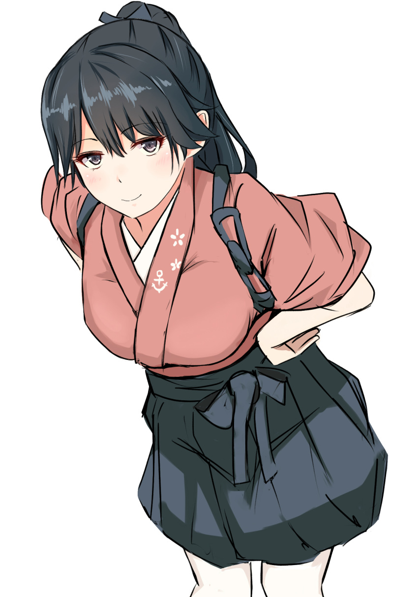 1girl anchor_symbol bangs black_hair breasts celestea_tera green_eyes hakama hands_on_hips high_ponytail highres houshou_(kantai_collection) japanese_clothes kantai_collection leaning_forward long_hair looking_at_viewer medium_breasts ponytail smile solo white_background