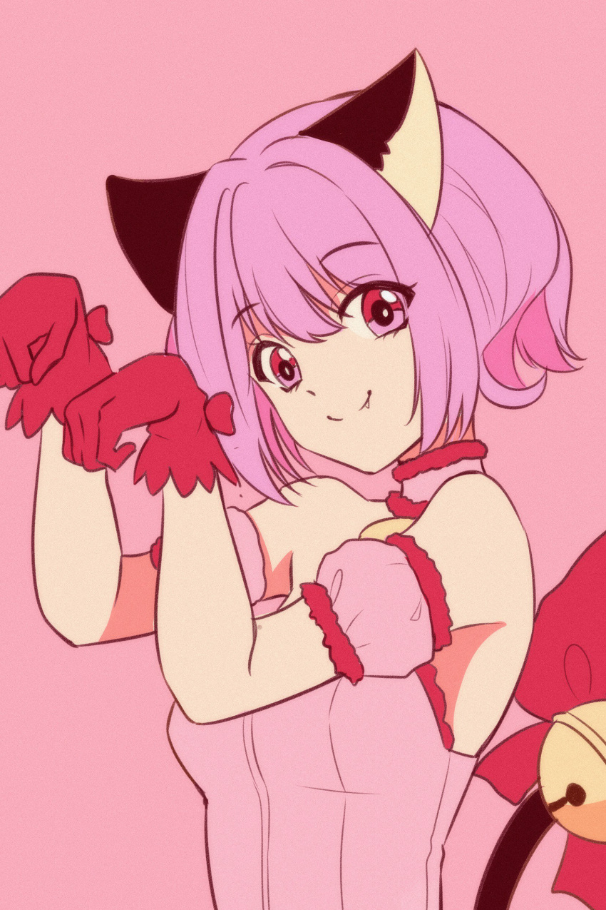 1girl absurdres animal_ears arms_up bare_shoulders bell bow breasts cat_ears cat_tail closed_mouth collar detached_sleeves fang fang_out gloves highres looking_at_viewer magical_girl mew_ichigo momomiya_ichigo paw_pose pink_background pink_eyes pink_hair pink_theme puffy_detached_sleeves puffy_sleeves red_bow red_gloves short_hair smile solo tail tail_bell tail_bow tokyo_mew_mew upper_body yaya_chan