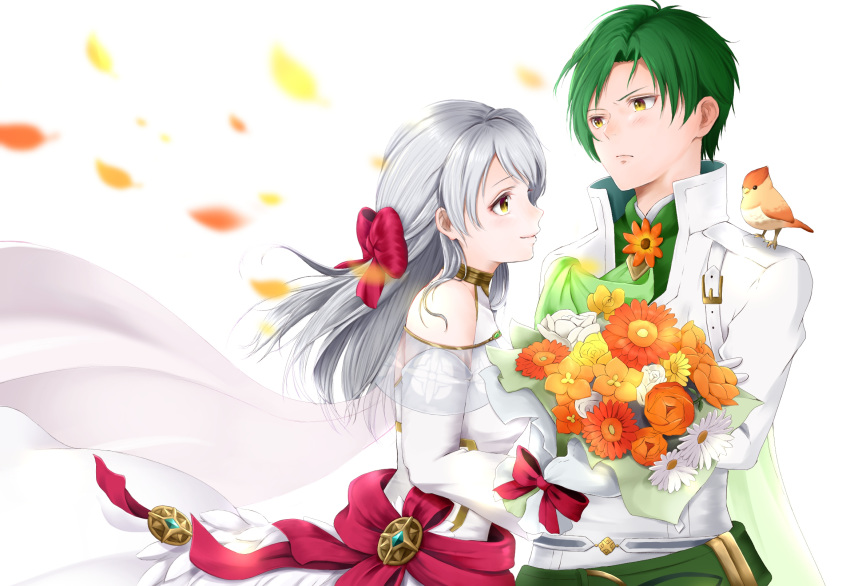 1boy 1girl aplche bangle bare_shoulders belt bird bouquet bracelet bride couple detached_sleeves dress fire_emblem fire_emblem:_radiant_dawn fire_emblem_heroes flower formal green_eyes green_hair groom hair_ribbon half_updo highres jewelry long_hair long_sleeves micaiah_(fire_emblem) petals red_ribbon ribbon silver_hair simple_background sothe_(fire_emblem) suit tuxedo wedding wedding_dress white_background white_dress white_suit yellow_eyes yune_(fire_emblem)